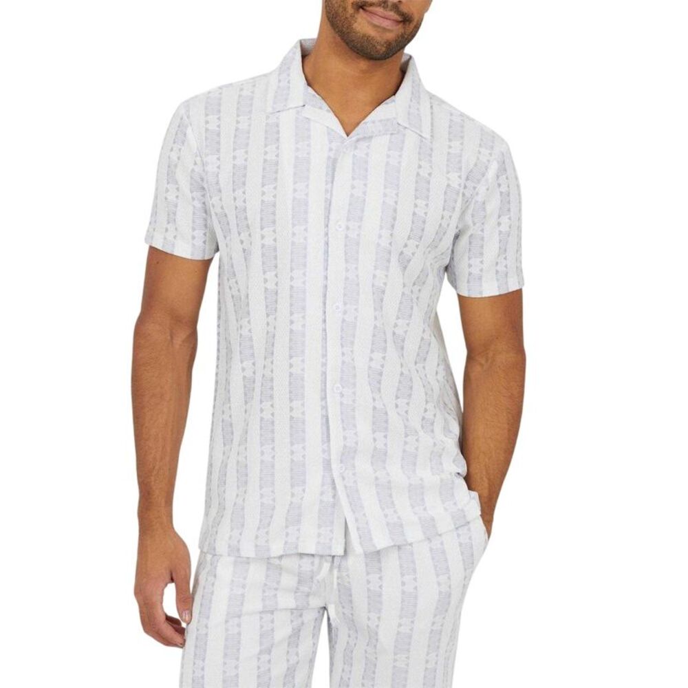 Brave Soul Mens Striped Open Collar Shirt / White/Gray